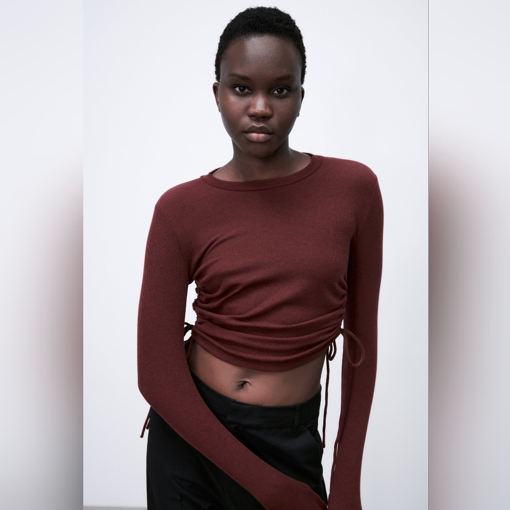 Zara Burgundy Maroon Side Twist Long Sleeve Top